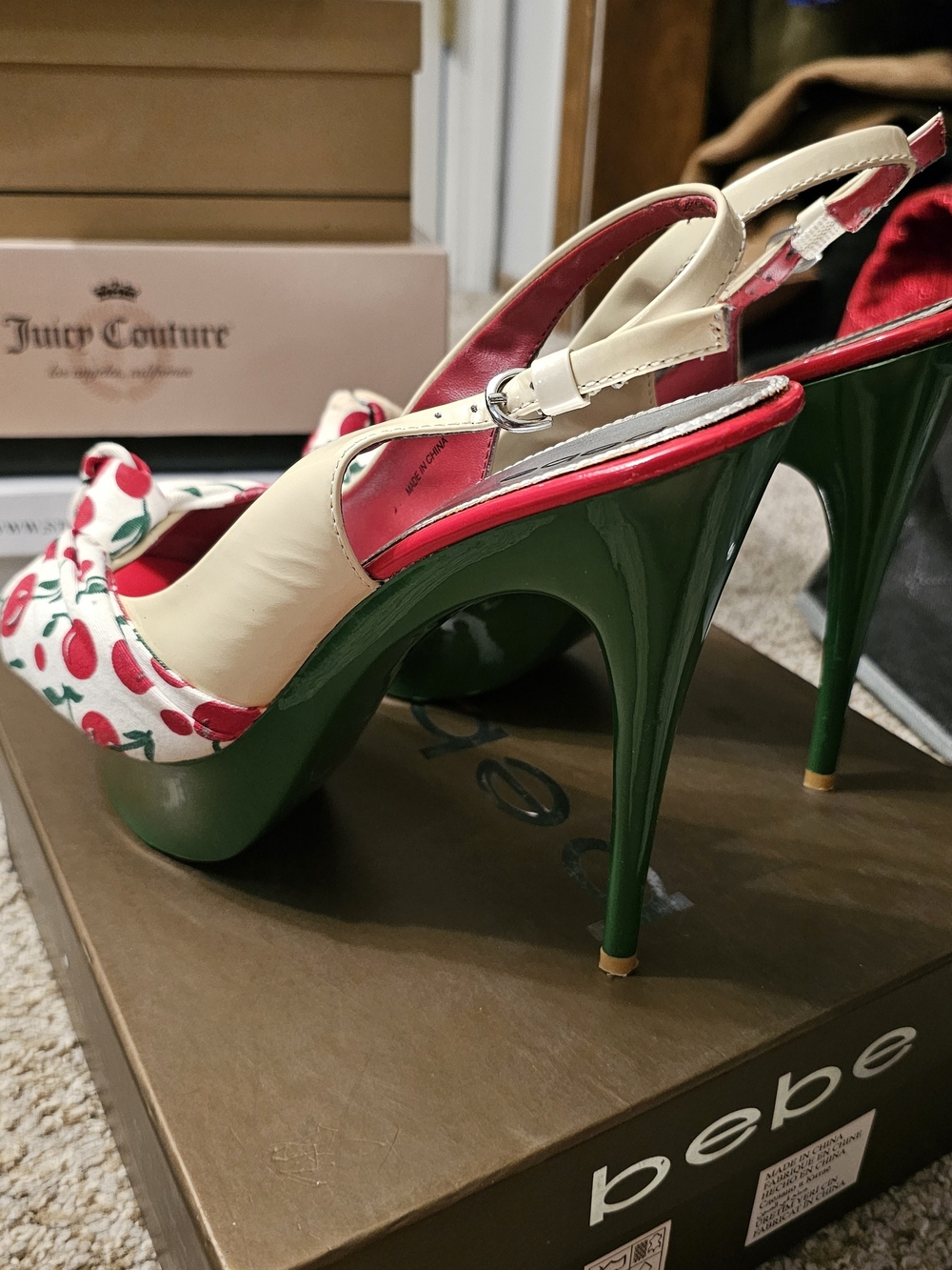 bebe Cherry-Print Peep Toe Platform Slingbacks in White/Red/Green - Picture 3 of 7